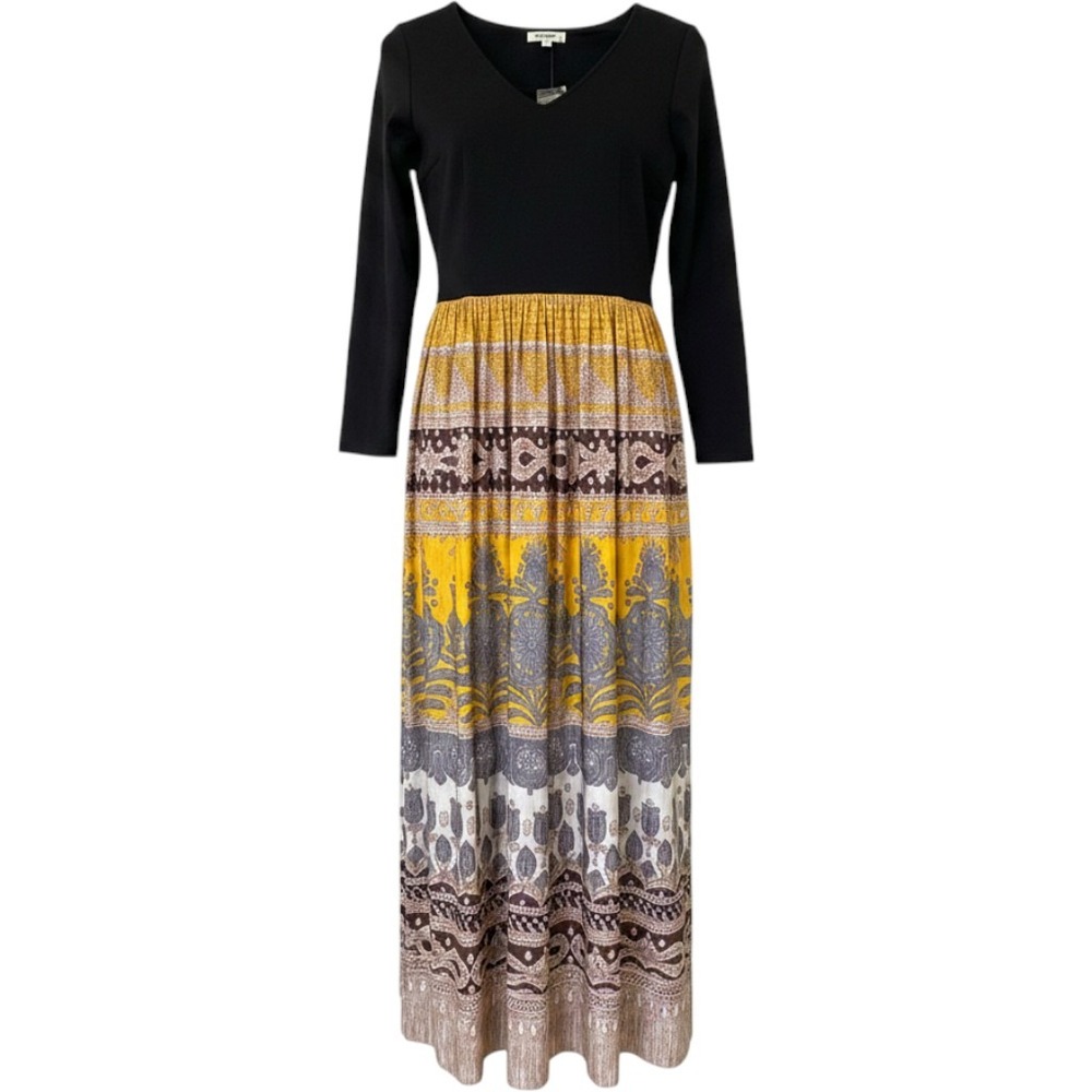 Vintage 70s Damask Pattern Maxi Dress Black Yellow Mixed Print Long Sleeve Small